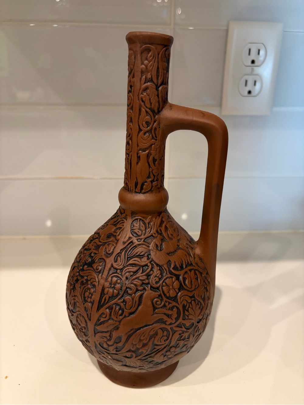 Vintage Handcrafted Brown Decorative Floral Pitcher Vase - Unbranded